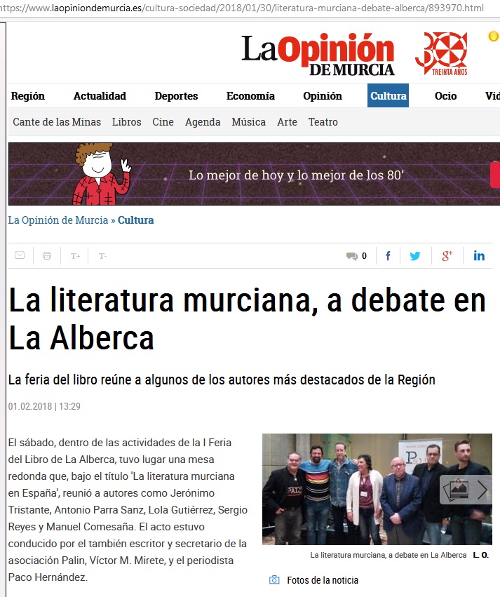 Noticia del diario La Opinión sobre el debate en La Alberca en el que participó Sergio Reyes Puerta junto a otros destacados autores (dossier de prensa 2018)