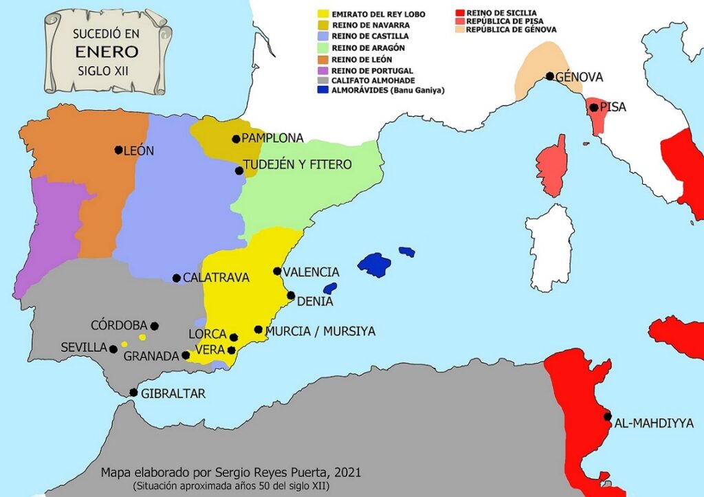 Mapa elaborado por Sergio Reyes para la Efemérides del Rey Lobo 1 (enero) con la situación aproximada en los años 50 del siglo XII