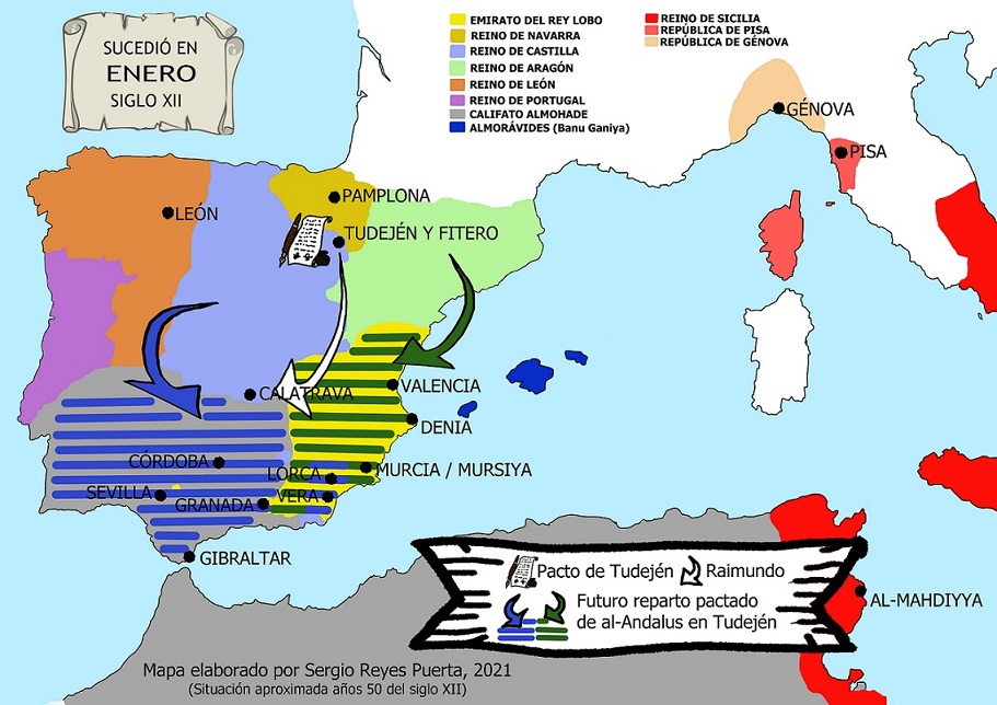 Mapa elaborado por Sergio Reyes para la Efemérides del Rey Lobo 1 (enero) resumiendo el papel de Tudején y Fitero en la península ibérica durante los años 50 del siglo XII