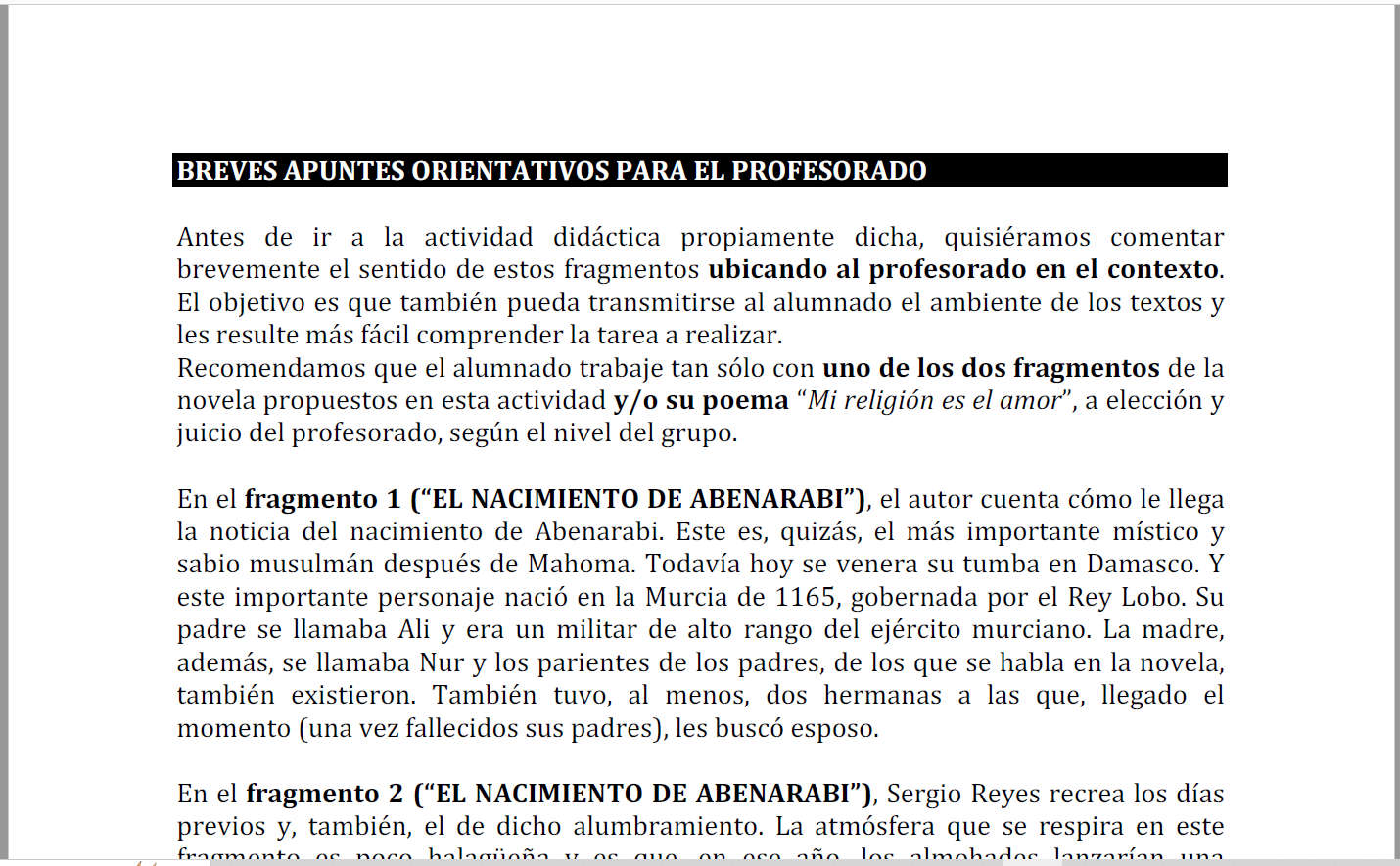 Página 5 de la actividad didáctica Descubre a Abenarabi creada por Sergio Reyes. En esta hoja hay orientaciones para el profesorado.