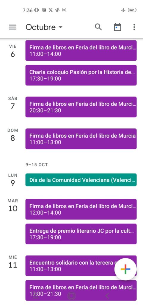 Primera página del planning de Sergio Reyes para la XXX Feria del libro de Murcia 2023
