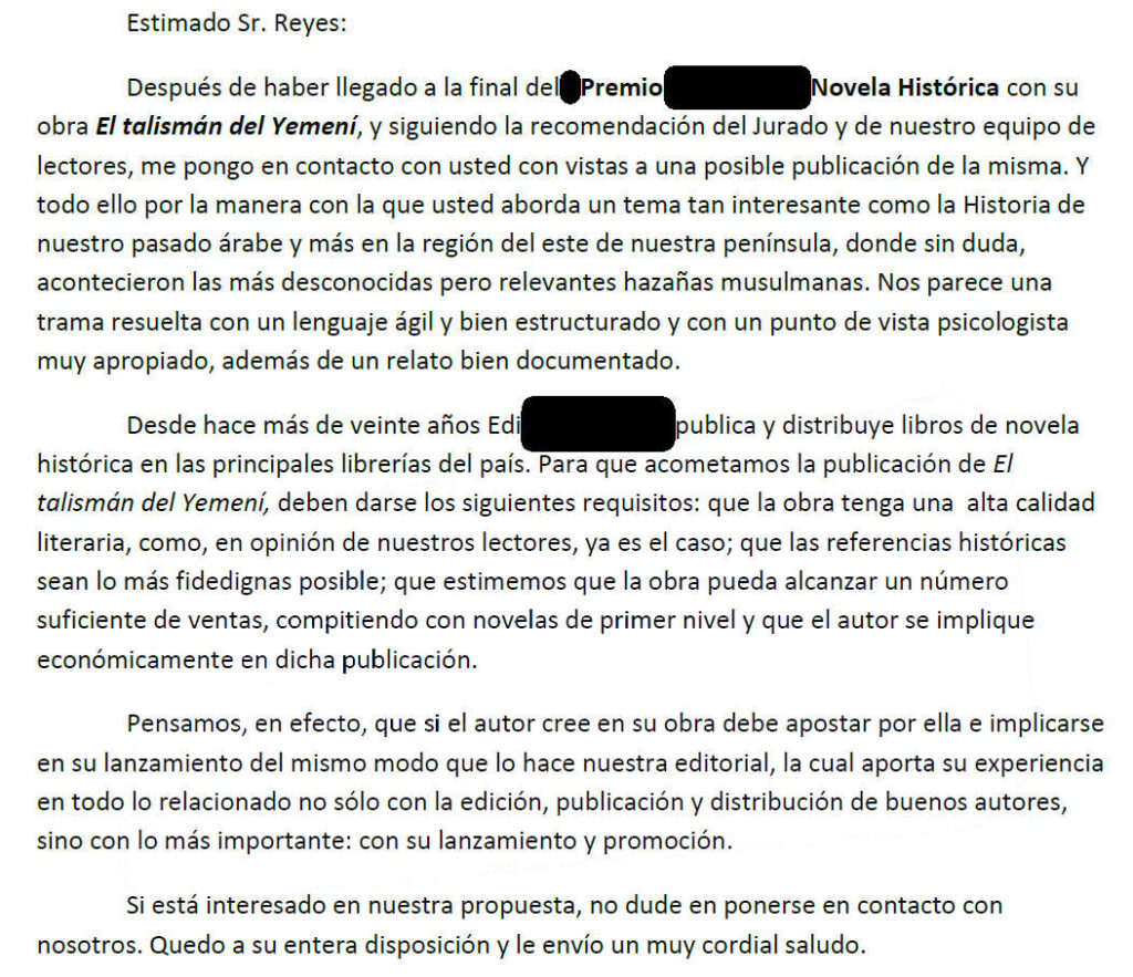 Texto de la carta recibida como finalista de un concurso de novela histórica cuyo nombre y editorial promotora prefiero no mencionar (se ha eliminado marca de agua y referencias al nombre del concurso y de la editorial)