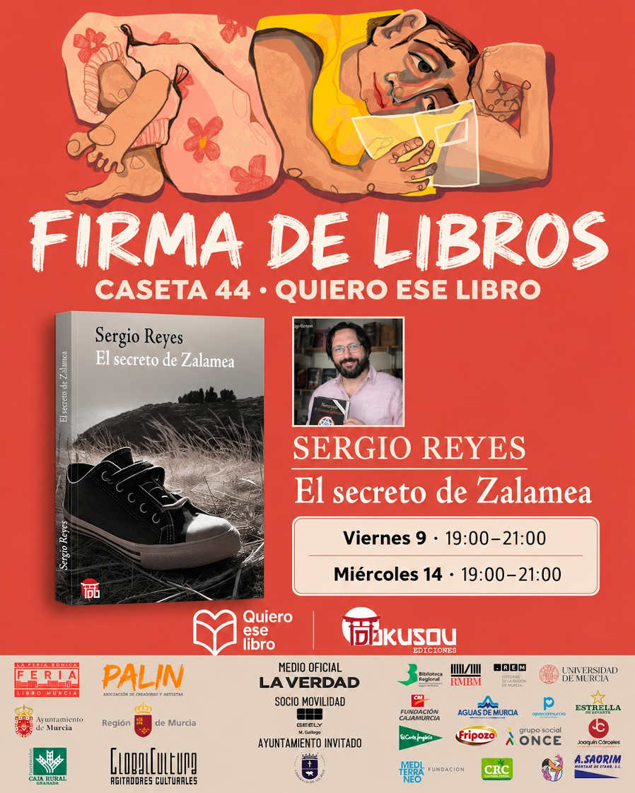 Cartel anunciador de las firmas de Sergio Reyes en la XXXIII Feria del libro de Murcia 2026