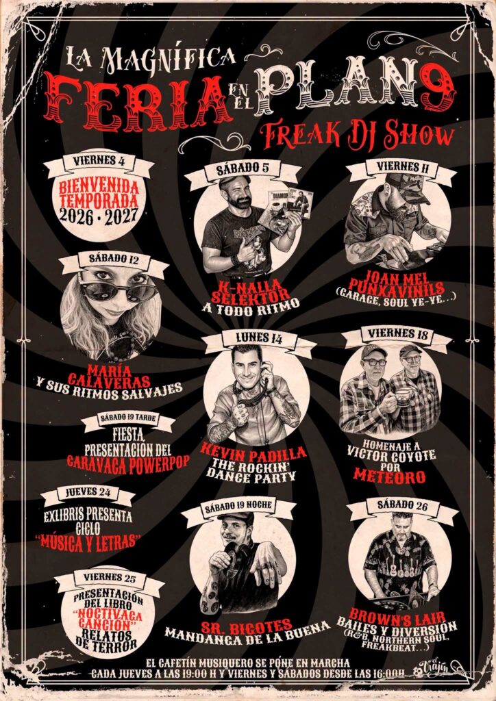 Cartel de eventos de Plan 9 bar en Murcia durante septiembre 2026 que incluye la presentación de la Antología de terror en la que participa Sergio Reyes Puerta